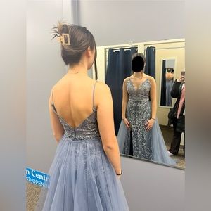 Blue grey sparkle/glitter Ellie Wilde Mon Cheri prom dress, detachable skirt